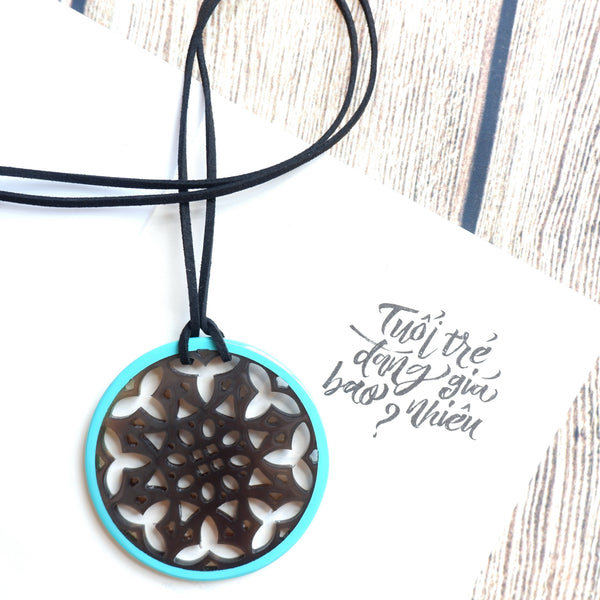 Handmade Natural Horn and Lacquer Black Snowflakes and Turquoise Round Luxury and Unique