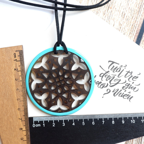 Handmade Natural Horn and Lacquer Black Snowflakes and Turquoise Round Luxury and Unique