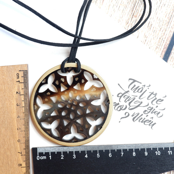 Handmade Natural Horn and Lacquer Black Snowflakes and Yellow Round Luxury and Unique
