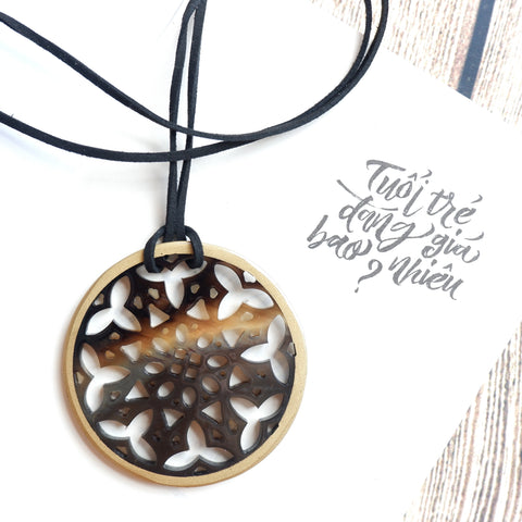 Handmade Natural Horn and Lacquer Black Snowflakes and Yellow Round Luxury and Unique