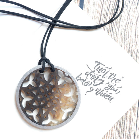 Handmade Natural Horn and Lacquer Dark Brown Snowflakes and Gray Round Luxury and Unique