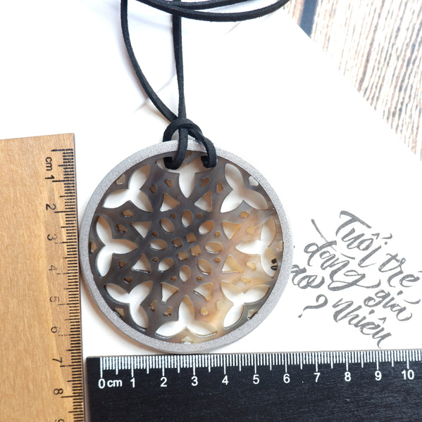 Handmade Natural Horn and Lacquer Dark Brown Snowflakes and Gray Round Luxury and Unique
