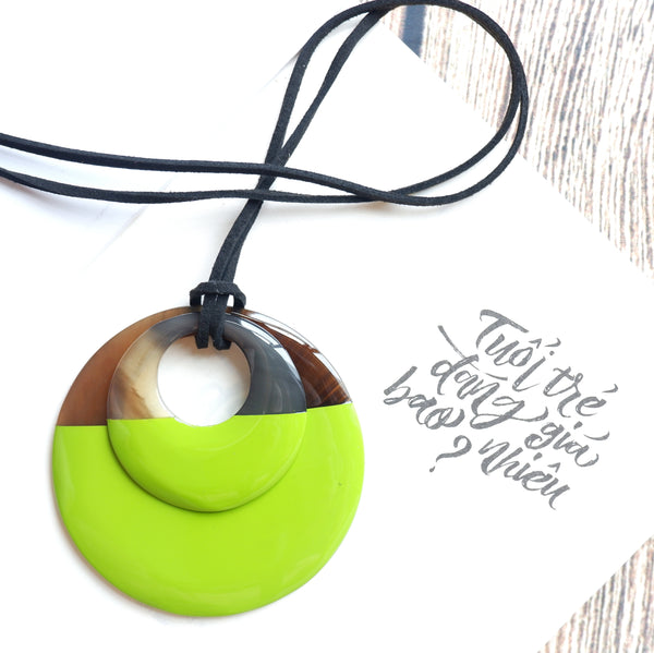 Handmade Natural Horn and Lacquer Brown and Light Green Double Circle Luxury and Unique