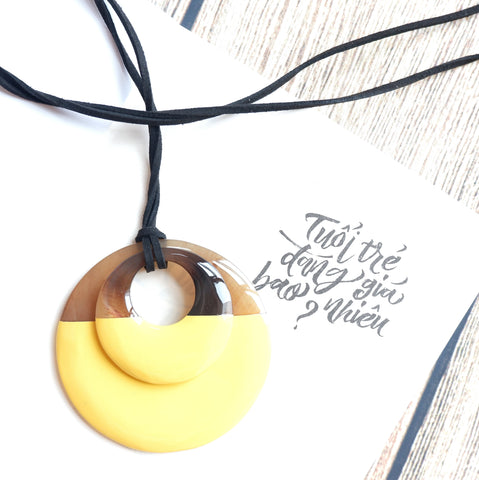 Handmade Natural Horn and Lacquer Brown and Light Yellow Double Circle Luxury and Unique