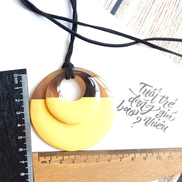 Handmade Natural Horn and Lacquer Brown and Light Yellow Double Circle Luxury and Unique
