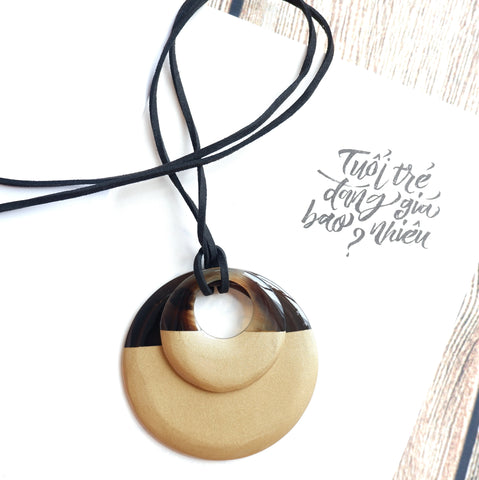 Handmade Natural Horn and Lacquer Brown and Cream Double Circle Luxury and Unique
