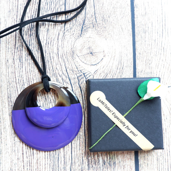 Handmade Natural Horn and Lacquer Brown and Purple Double Circle Luxury and Unique