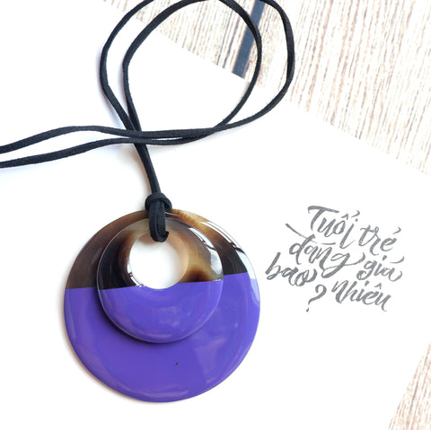Handmade Natural Horn and Lacquer Brown and Purple Double Circle Luxury and Unique