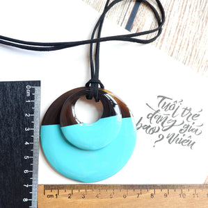 Handmade Natural Horn and Lacquer Dark Brown and Turquoise Double Circle Luxury and Unique