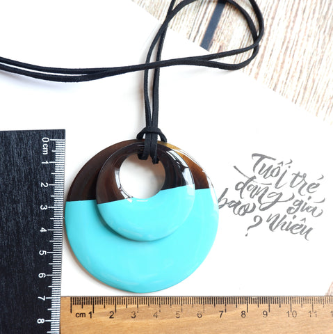 Handmade Natural Horn and Lacquer Dark Brown and Turquoise Double Circle Luxury and Unique