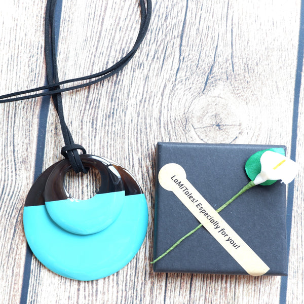 Handmade Natural Horn and Lacquer Dark Brown and Turquoise Double Circle Luxury and Unique
