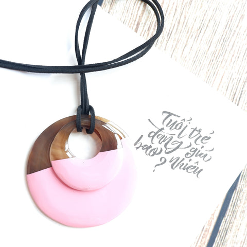 Handmade Natural Horn and Lacquer Brown and Pink Double Circle Luxury and Unique