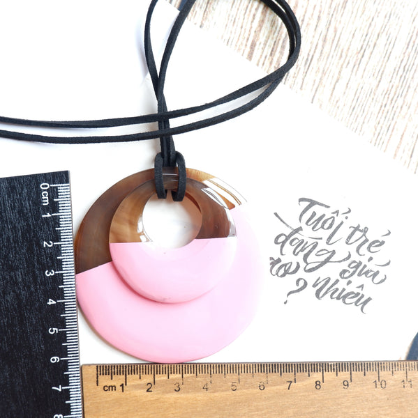 Handmade Natural Horn and Lacquer Brown and Pink Double Circle Luxury and Unique
