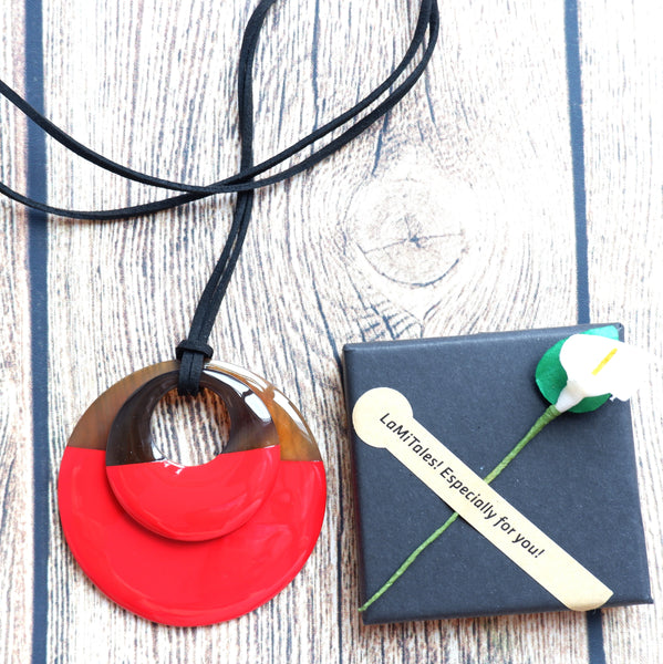 Handmade Natural Horn and Lacquer Brown and Red Double Circle Luxury and Unique