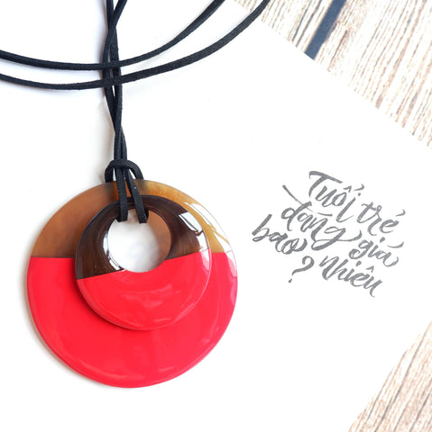 Handmade Natural Horn and Lacquer Brown and Red Double Circle Luxury and Unique