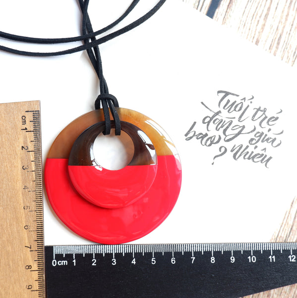 Handmade Natural Horn and Lacquer Brown and Red Double Circle Luxury and Unique
