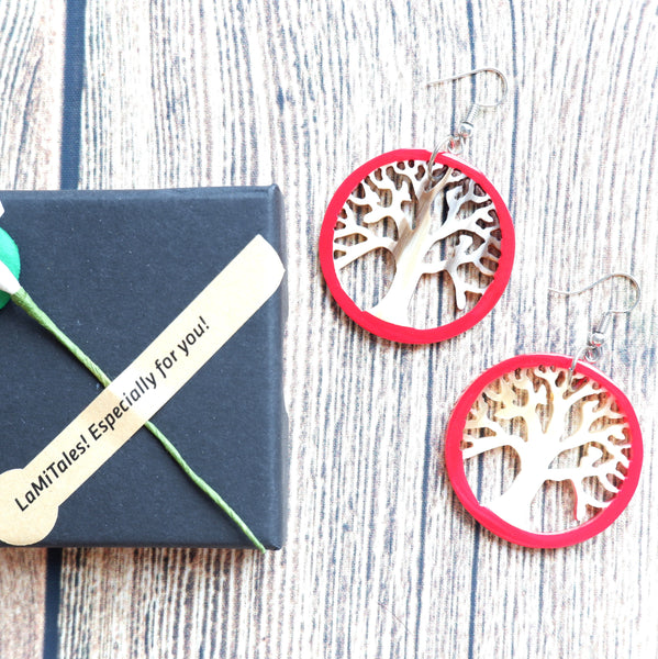 Buffalo Horn Disc Earrings Jewelry Handcraft Boho and Ethnic Earrings Golden Tree and Red Cornice
