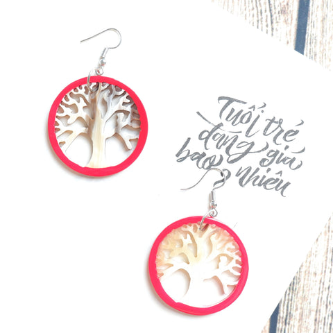 Buffalo Horn Disc Earrings Jewelry Handcraft Boho and Ethnic Earrings Golden Tree and Red Cornice