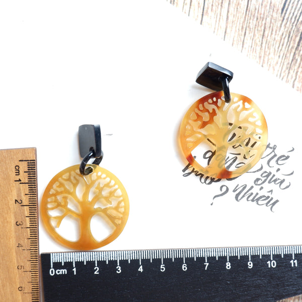 Buffalo Horn Disc Earrings Jewelry Handcraft Boho and Ethnic Earrings Yellow and Brown Tree