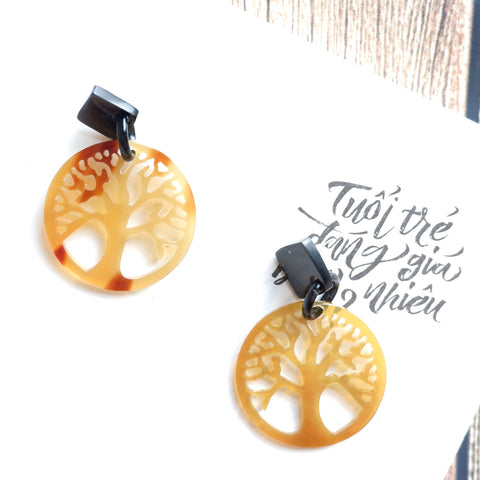 Buffalo Horn Disc Earrings Jewelry Handcraft Boho and Ethnic Earrings Yellow and Brown Tree