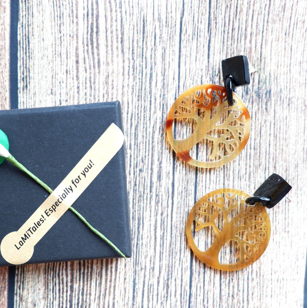 Buffalo Horn Disc Earrings Jewelry Handcraft Boho and Ethnic Earrings Yellow and Brown Tree