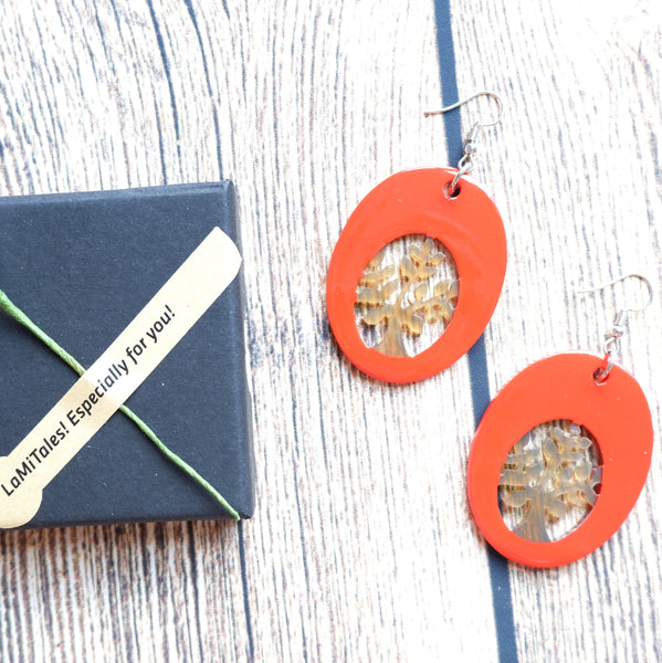 Buffalo Horn Disc Earrings Jewelry Handcraft Boho and Ethnic Earrings Oval Red Orange and Light Yellow