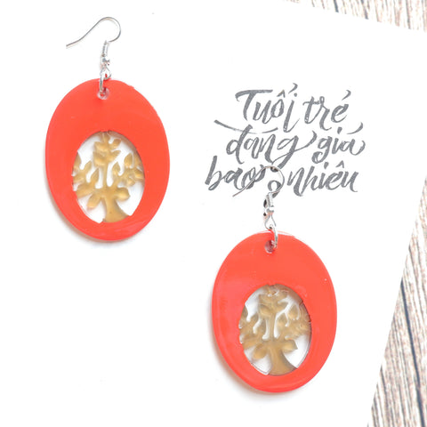 Buffalo Horn Disc Earrings Jewelry Handcraft Boho and Ethnic Earrings Oval Red Orange and Light Yellow