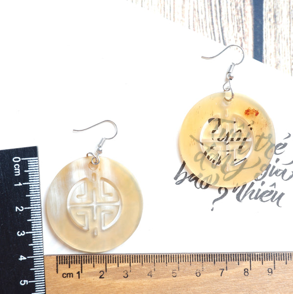 Buffalo Horn Disc Earrings Jewelry Handcraft Boho and Ethnic Earrings Round Light Yellow