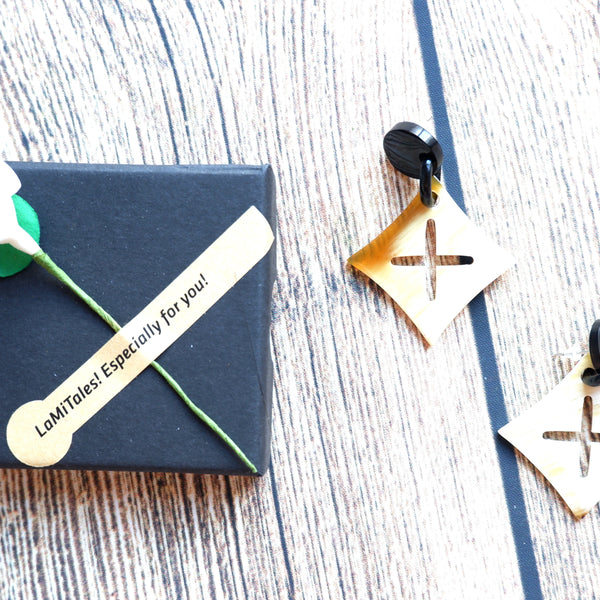 Buffalo Horn Disc Earrings Jewelry Handcraft Boho and Ethnic Earrings Rhombus White and Yellow