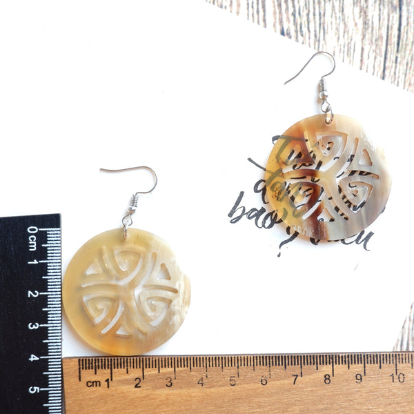 Buffalo Horn Disc Earrings Jewelry Handcraft Boho and Ethnic Earrings Round Light Brown