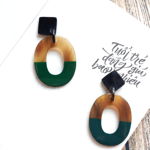 Buffalo Horn Disc Earrings Jewelry Handcraft Boho and Ethnic Earrings Oval Brown and Turquoise