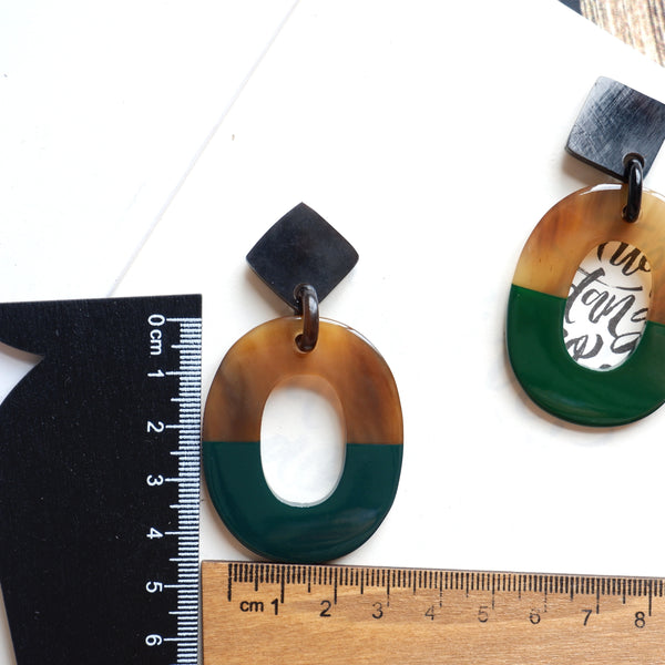 Buffalo Horn Disc Earrings Jewelry Handcraft Boho and Ethnic Earrings Oval Brown and Turquoise