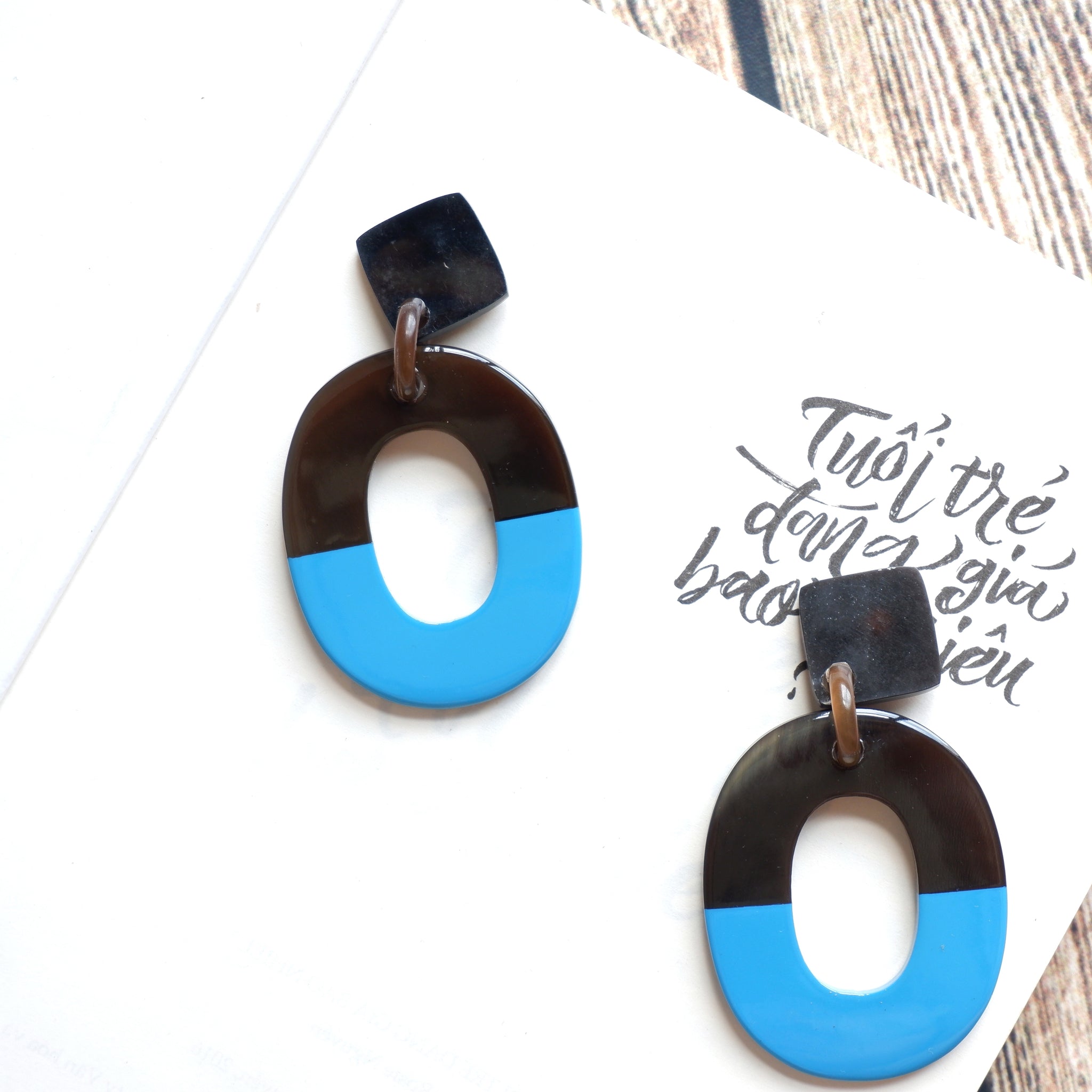 Buffalo Horn Disc Earrings Jewelry Handcraft Boho and Ethnic Earrings Oval Dark Brown and Blue