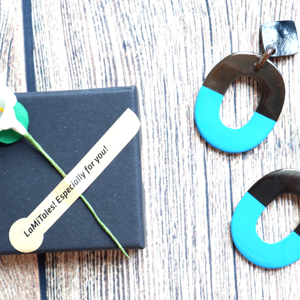 Buffalo Horn Disc Earrings Jewelry Handcraft Boho and Ethnic Earrings Oval Dark Brown and Turquoise