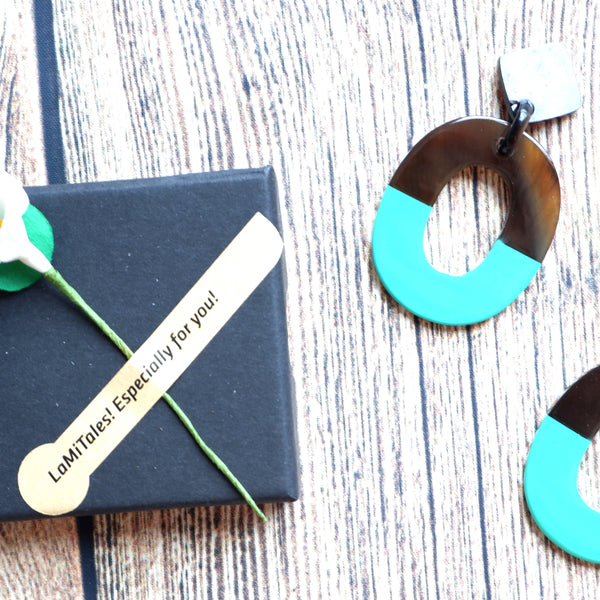 Buffalo Horn Disc Earrings Jewelry Handcraft Boho and Ethnic Earrings Oval Dark Brown and Turquoise