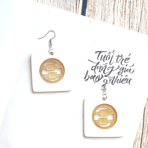 Buffalo Horn Disc Earrings Jewelry Handcraft Boho and Ethnic Earrings Square White and Light Brown