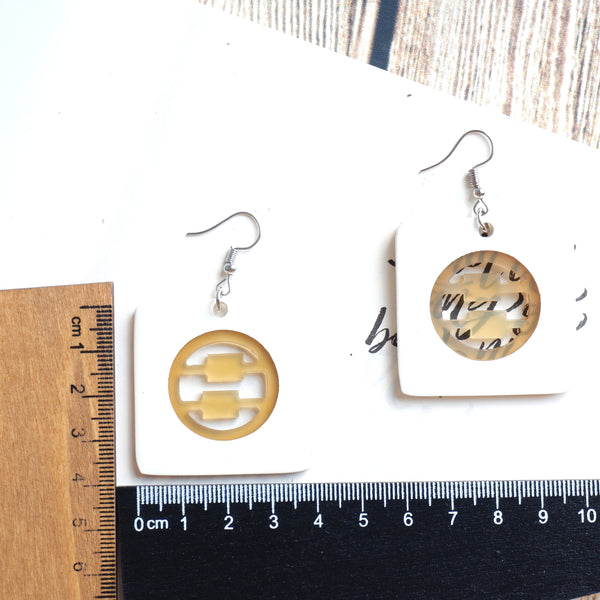 Buffalo Horn Disc Earrings Jewelry Handcraft Boho and Ethnic Earrings Square White and Light Brown