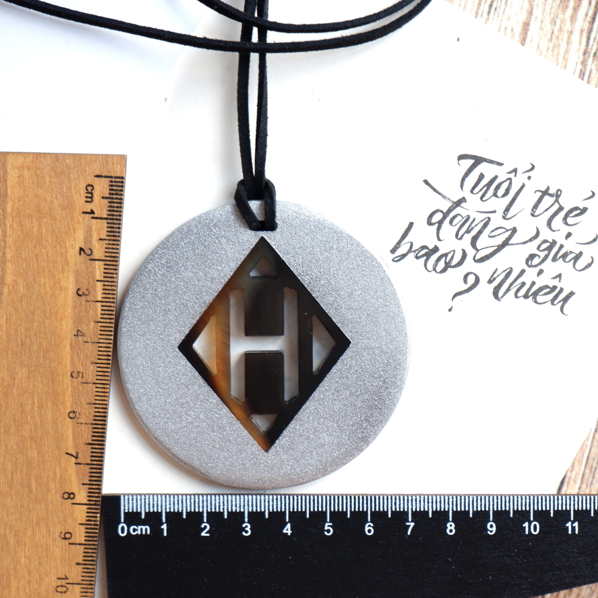 Handmade Natural Horn and Lacquer Gray Round and Brown Rhombus Circle Luxury and Unique