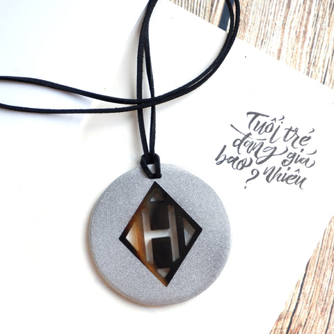 Handmade Natural Horn and Lacquer Gray Round and Brown Rhombus Circle Luxury and Unique
