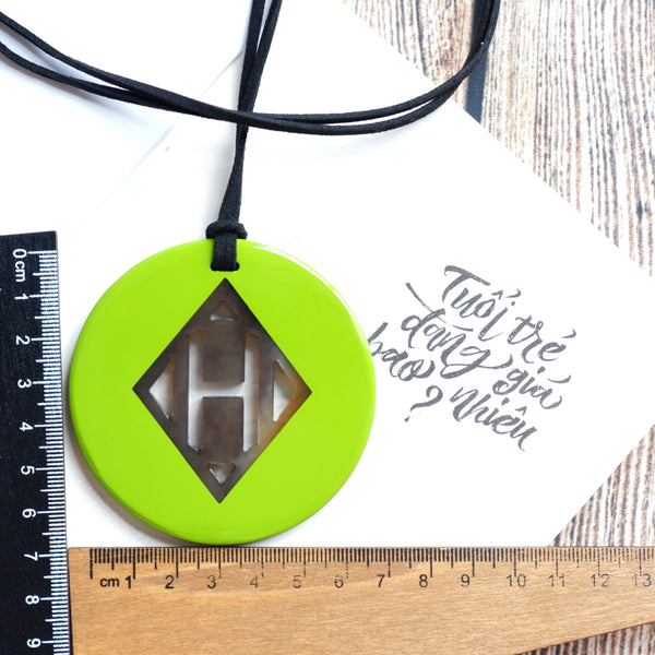Handmade Natural Horn and Lacquer Light Green Round and Brown Rhombus Circle Luxury and Unique