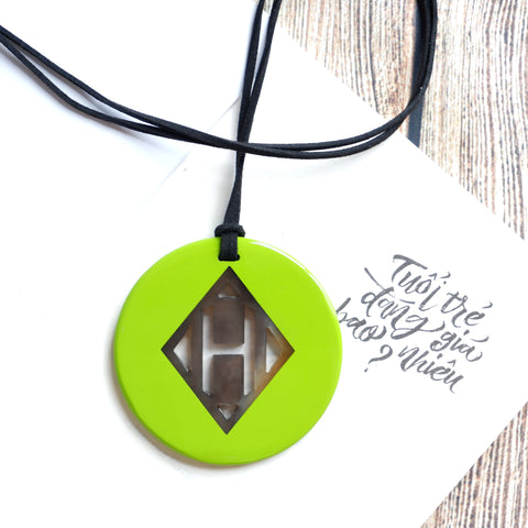Handmade Natural Horn and Lacquer Light Green Round and Brown Rhombus Circle Luxury and Unique