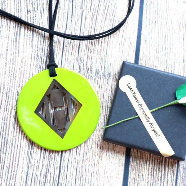 Handmade Natural Horn and Lacquer Light Green Round and Brown Rhombus Circle Luxury and Unique