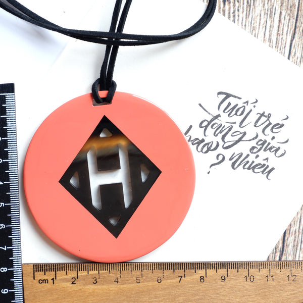 Handmade Natural Horn and Lacquer Orange Pink Round and Brown Rhombus Circle Luxury and Unique