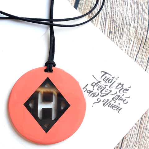 Handmade Natural Horn and Lacquer Orange Pink Round and Brown Rhombus Circle Luxury and Unique
