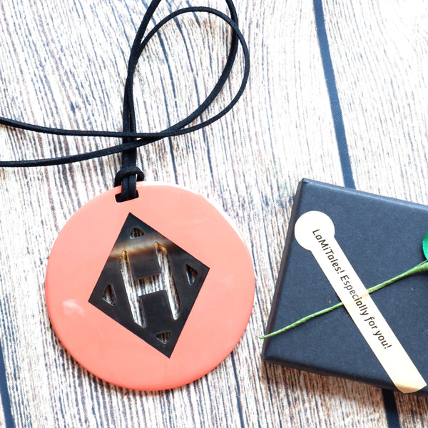 Handmade Natural Horn and Lacquer Orange Pink Round and Brown Rhombus Circle Luxury and Unique