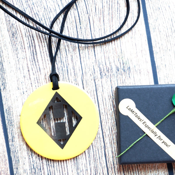 Handmade Natural Horn and Lacquer Yellow Round and Brown Rhombus Circle Luxury and Unique