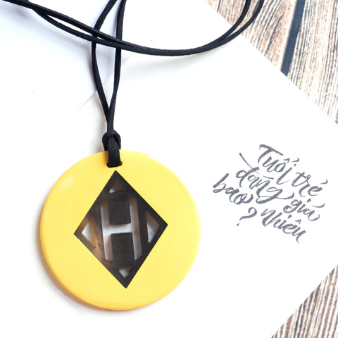 Handmade Natural Horn and Lacquer Yellow Round and Brown Rhombus Circle Luxury and Unique