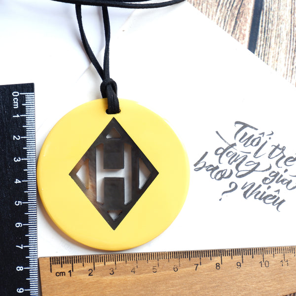 Handmade Natural Horn and Lacquer Yellow Round and Brown Rhombus Circle Luxury and Unique