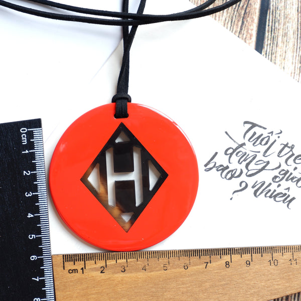 Handmade Natural Horn and Lacquer Yellow Round and Brown Rhombus Circle with H Inside