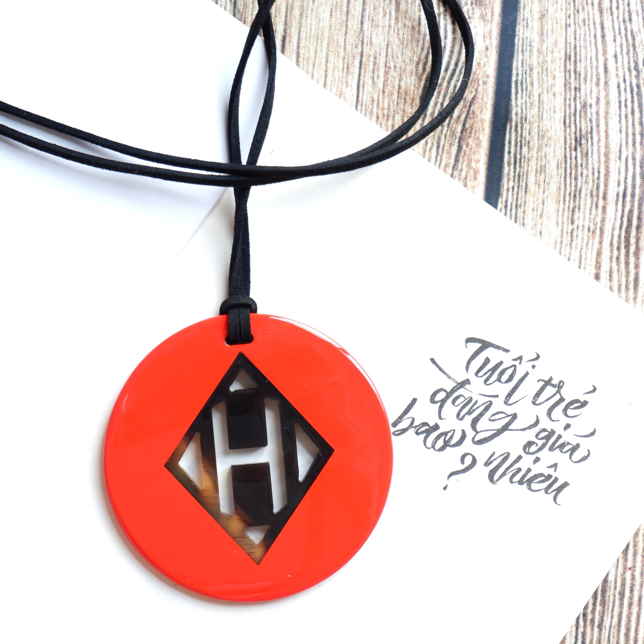 Handmade Natural Horn and Lacquer Yellow Round and Brown Rhombus Circle with H Inside